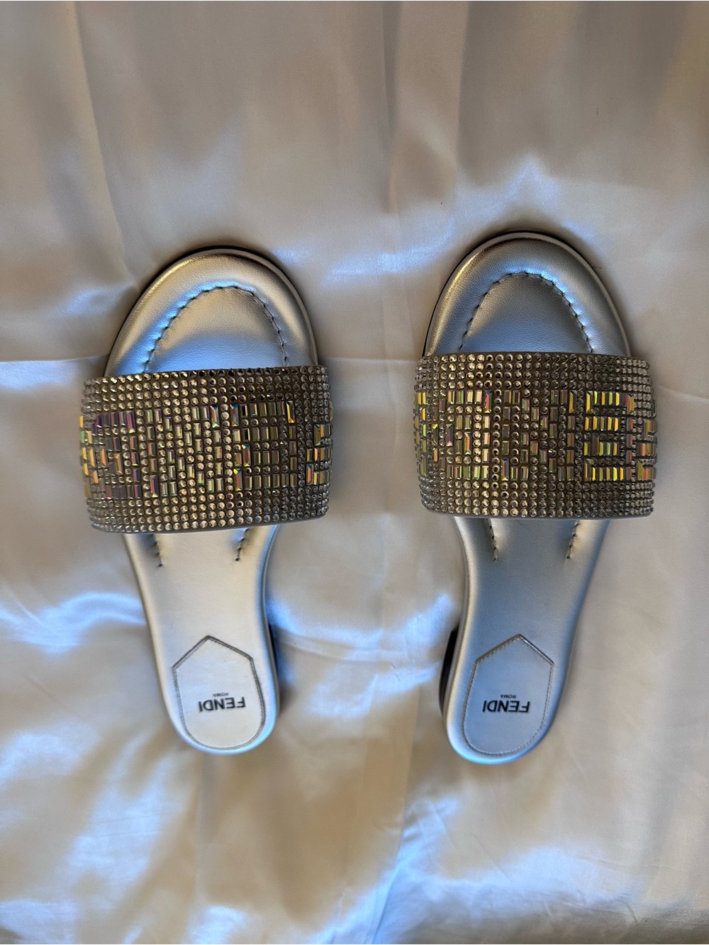 Fendi Silver Crystal-Embellished Slip-On Mules